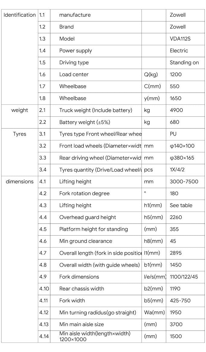 Zowell 1.2 ton VDA series Very Narrow Aisle Truck with rotating fork