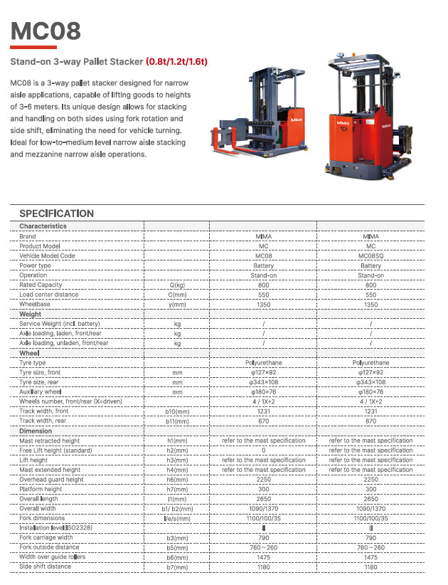 Mima Stand-On 3-Way Pallet Stacker MC08 (0.8T/1.2T/1.6T)