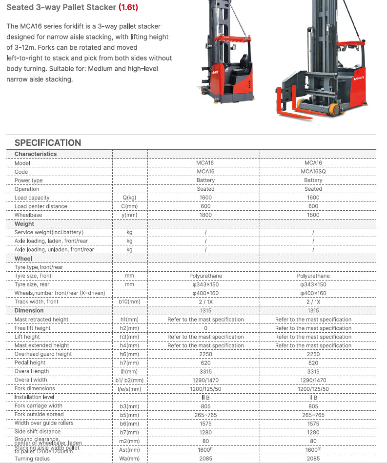 Mima Seated 3 Way Pallet Stacker MCA16 (1.6T)