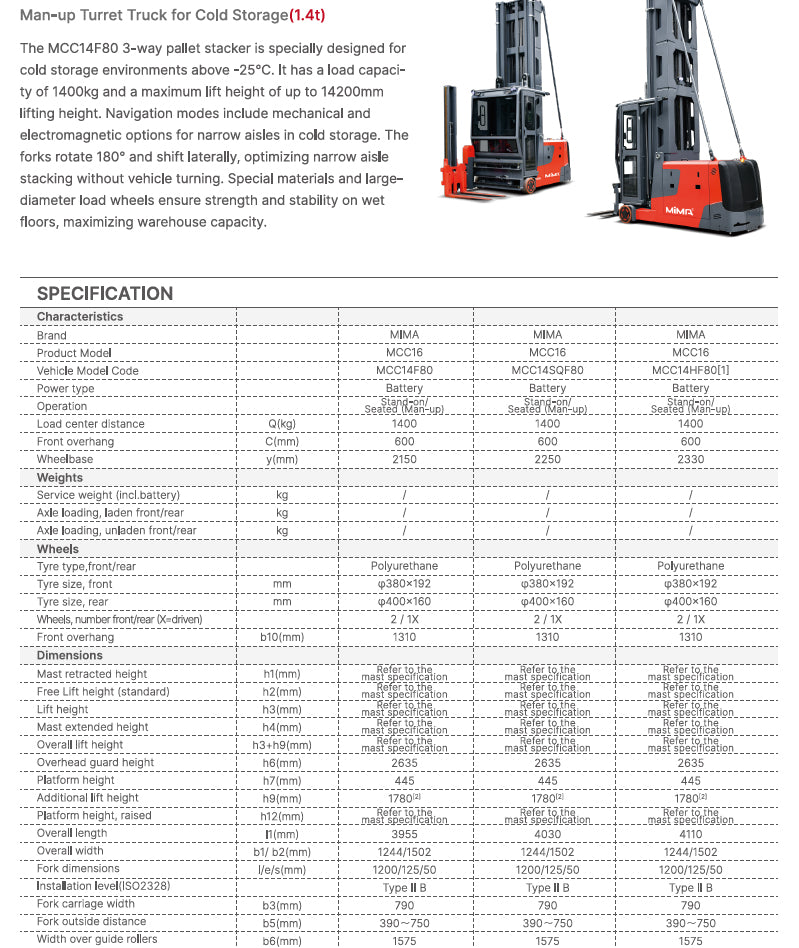 Mima Man-Up Turret Truck For Cold Storage MCC14 (1.4T)